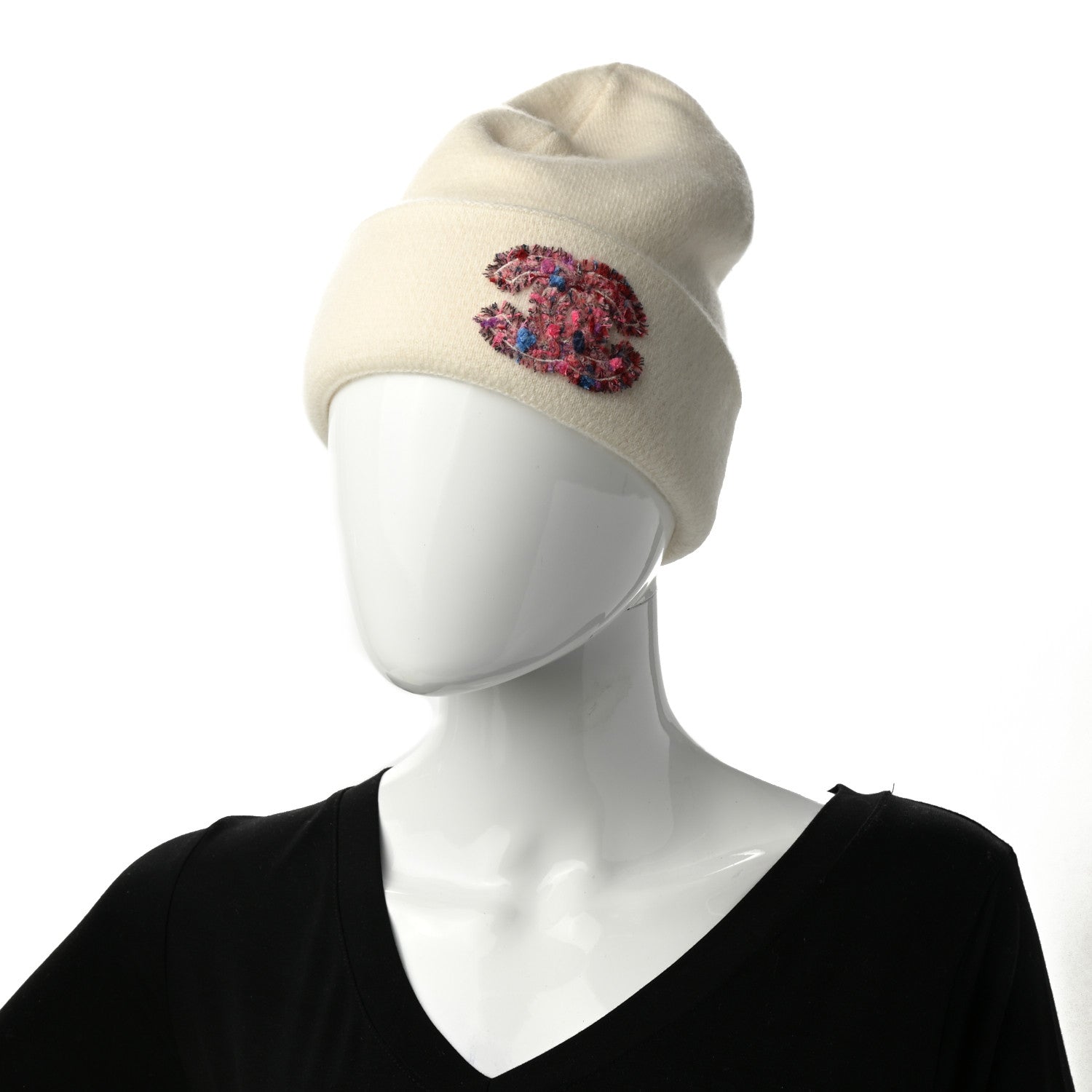 Chanel Cashmere CC Beanie Hat White Pink 2 of 5