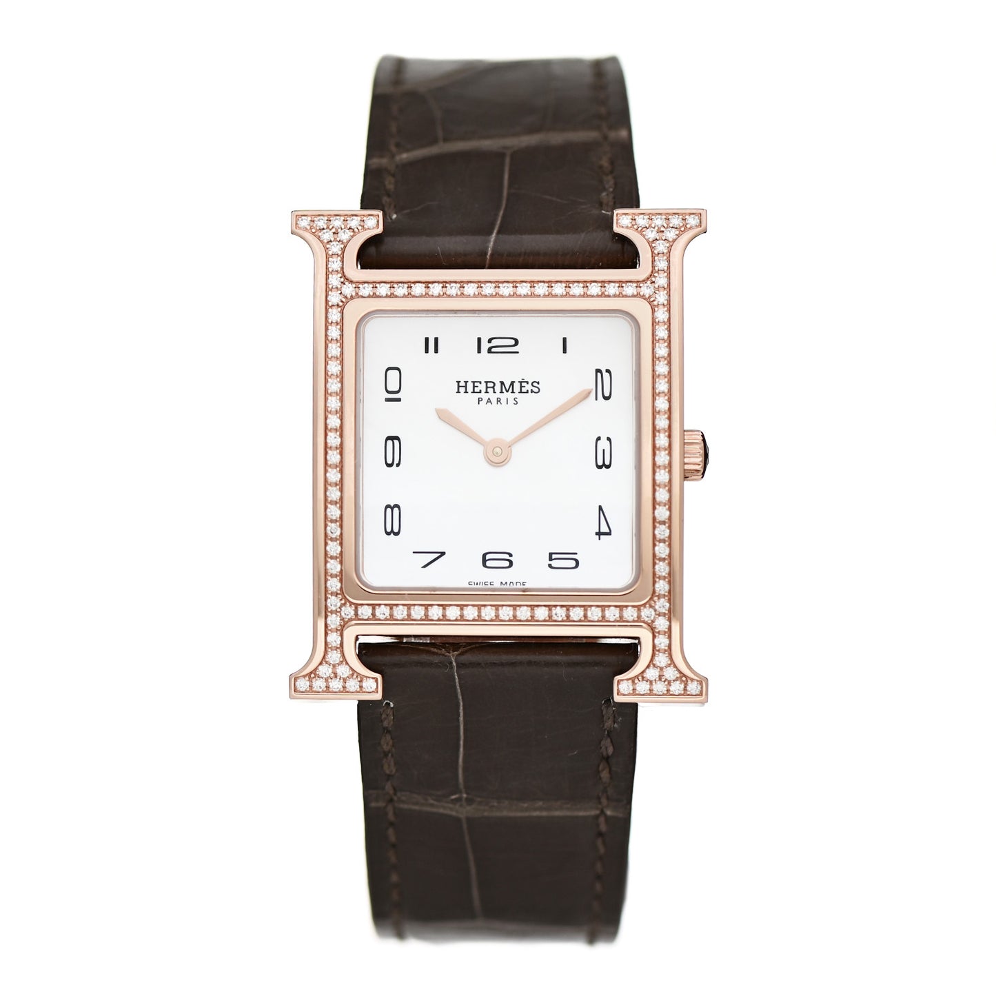 18K Rose Gold Alligator Diamond Bezel Mother of Pearl 26mm Heure H Hour Quartz Watch Gris Elephant