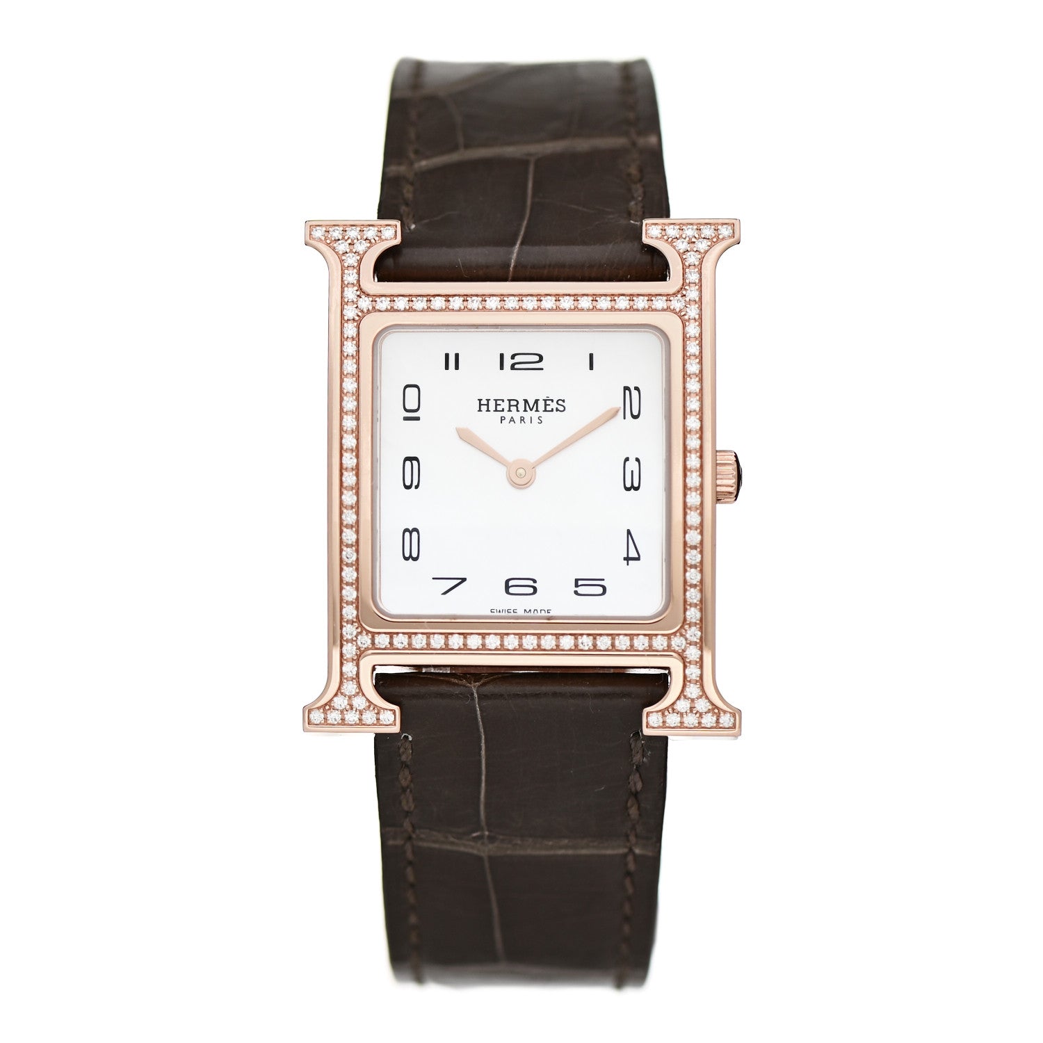 Hermes 18K Rose Gold Alligator Diamond Bezel Mother of Pearl 26mm Heure H Hour Quartz Watch Gris Elephant 1 of 5