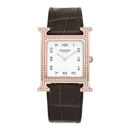 Hermes 18K Rose Gold Alligator Diamond Bezel Mother of Pearl 26mm Heure H Hour Quartz Watch Gris Elephant 1 of 5