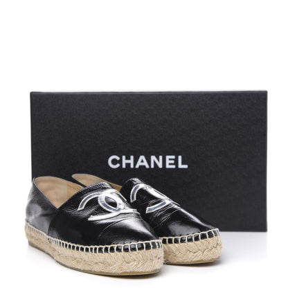Chanel Patent Calfskin Metallic Goatskin CC Espadrilles 37 Black Silver 11 of 11