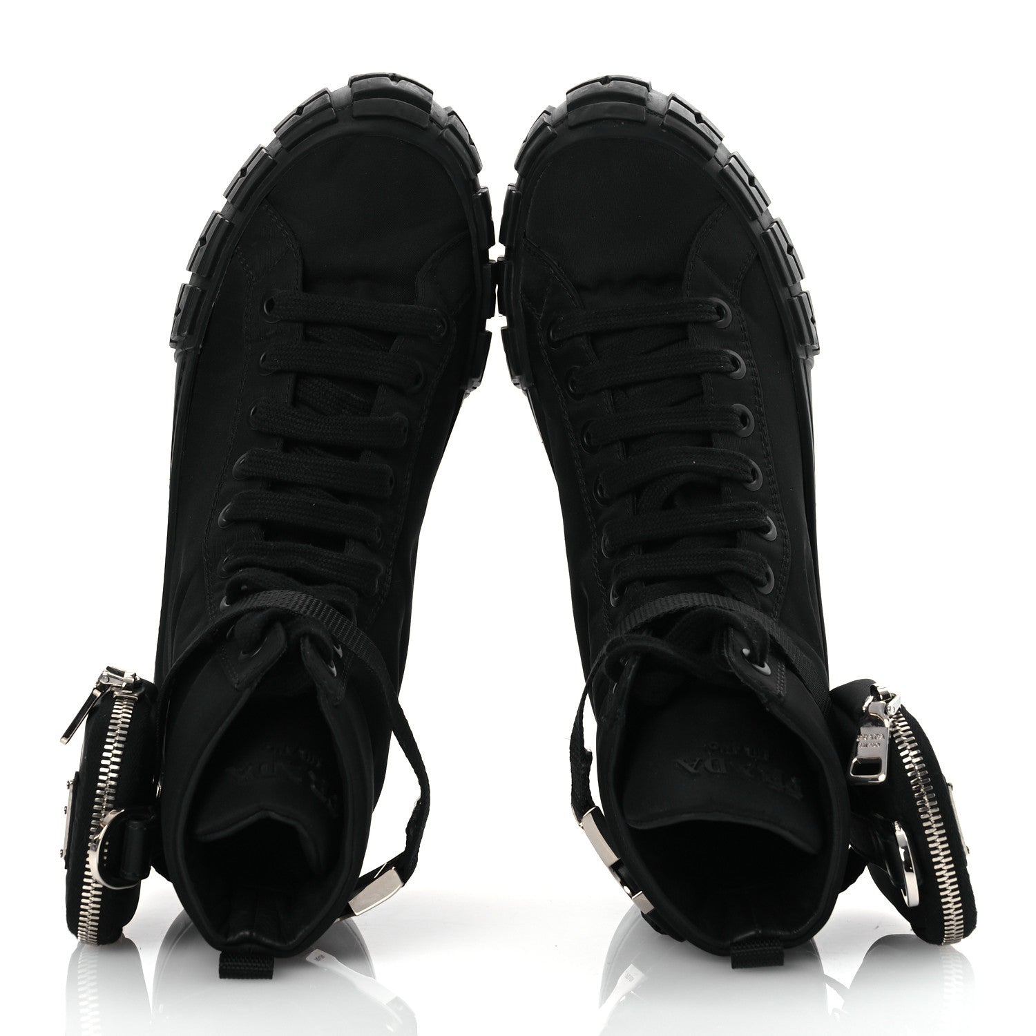 Prada Re-Nylon Gabardine Triangle Womens Wheel Pouch Pocket High Top Sneakers 39 Black 2 of 17