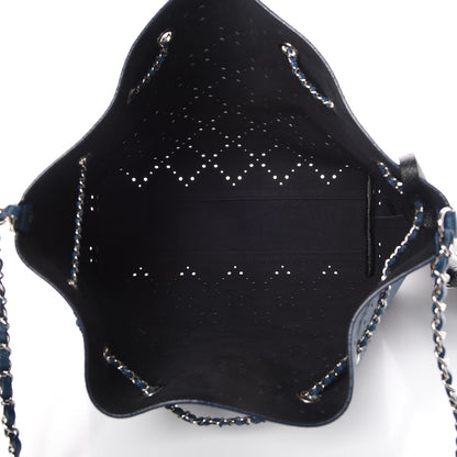 Chanel Caviar Perforated Large Drawstring CC Bag Blue 6 of 13