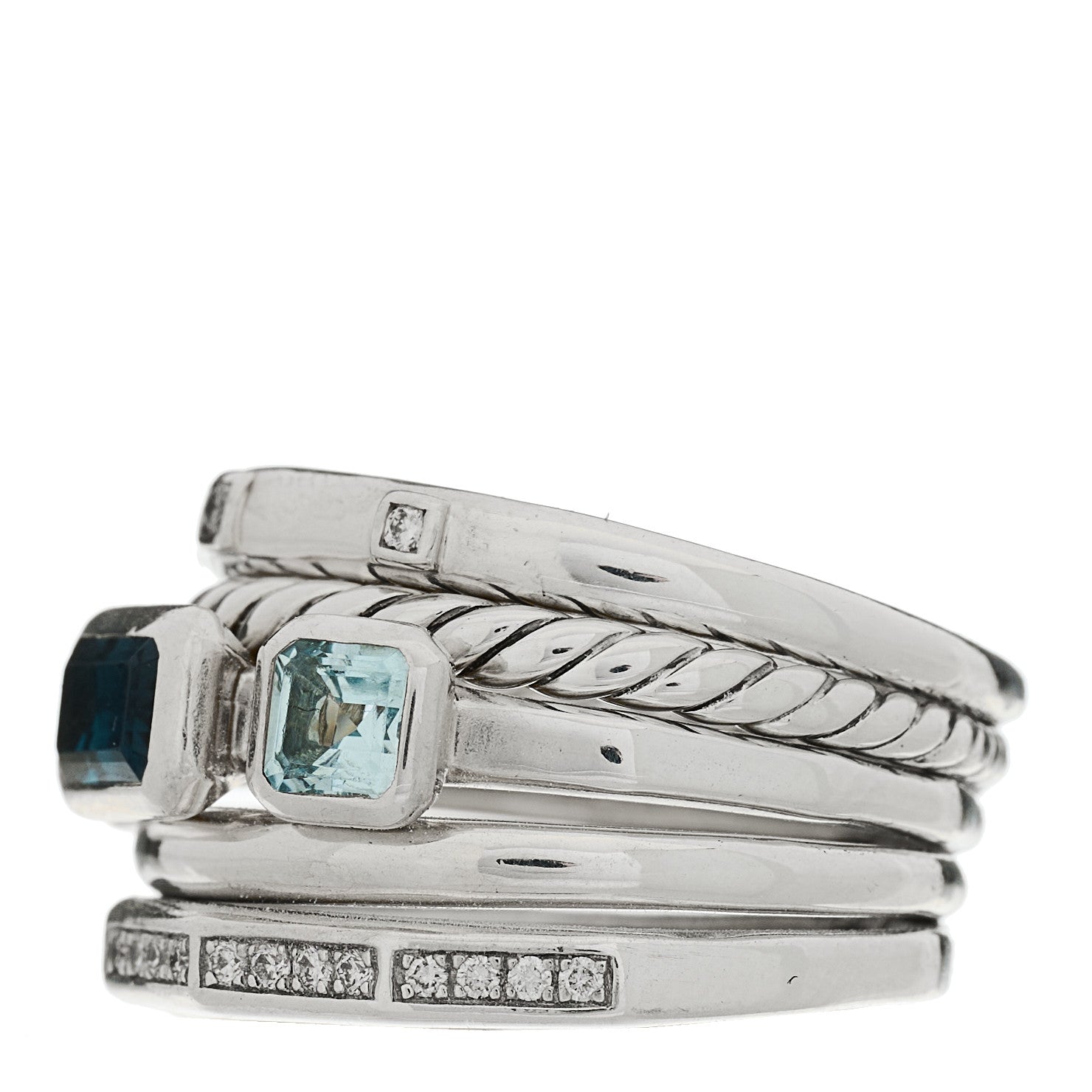 David Yurman Sterling Silver Diamond Hampton Blue Topaz 15mm Stax Five-Row Ring 56 7.5 3 of 6