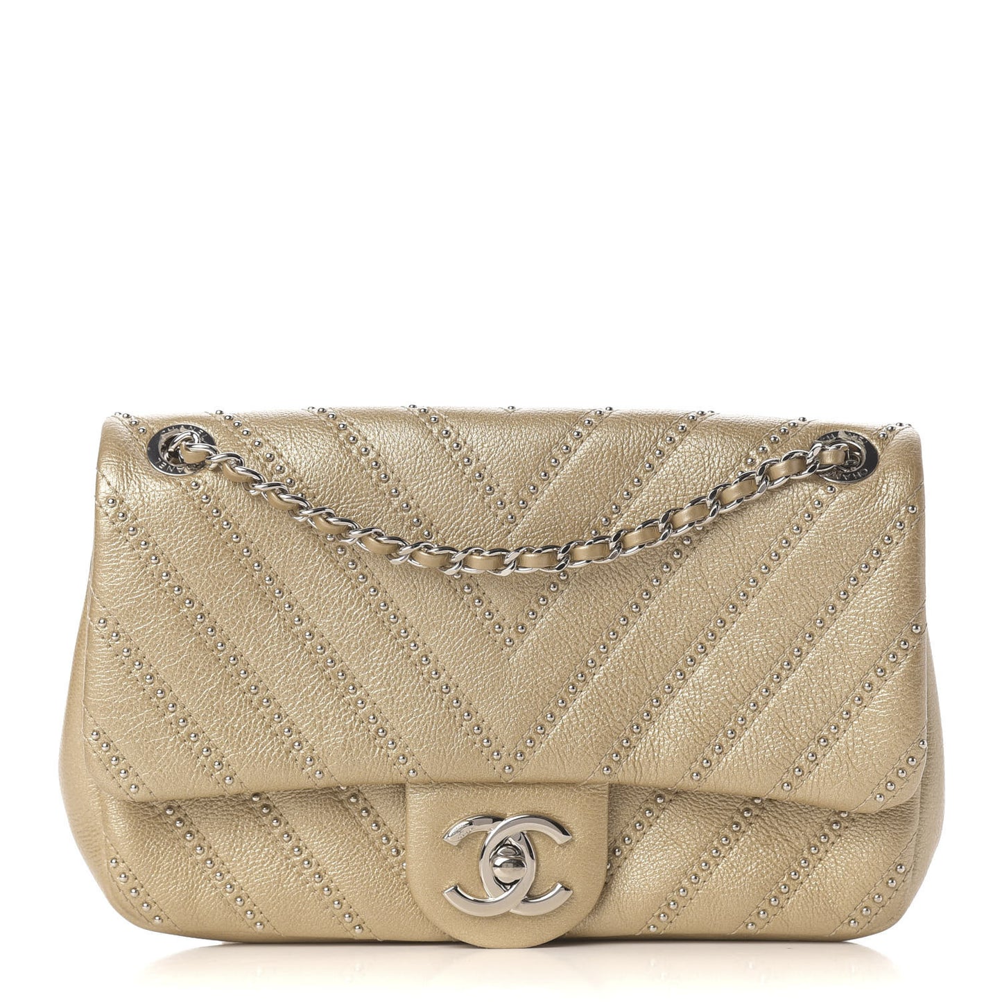 Calfskin Studded Chevron Quilted Small Stud Wars Flap Gold