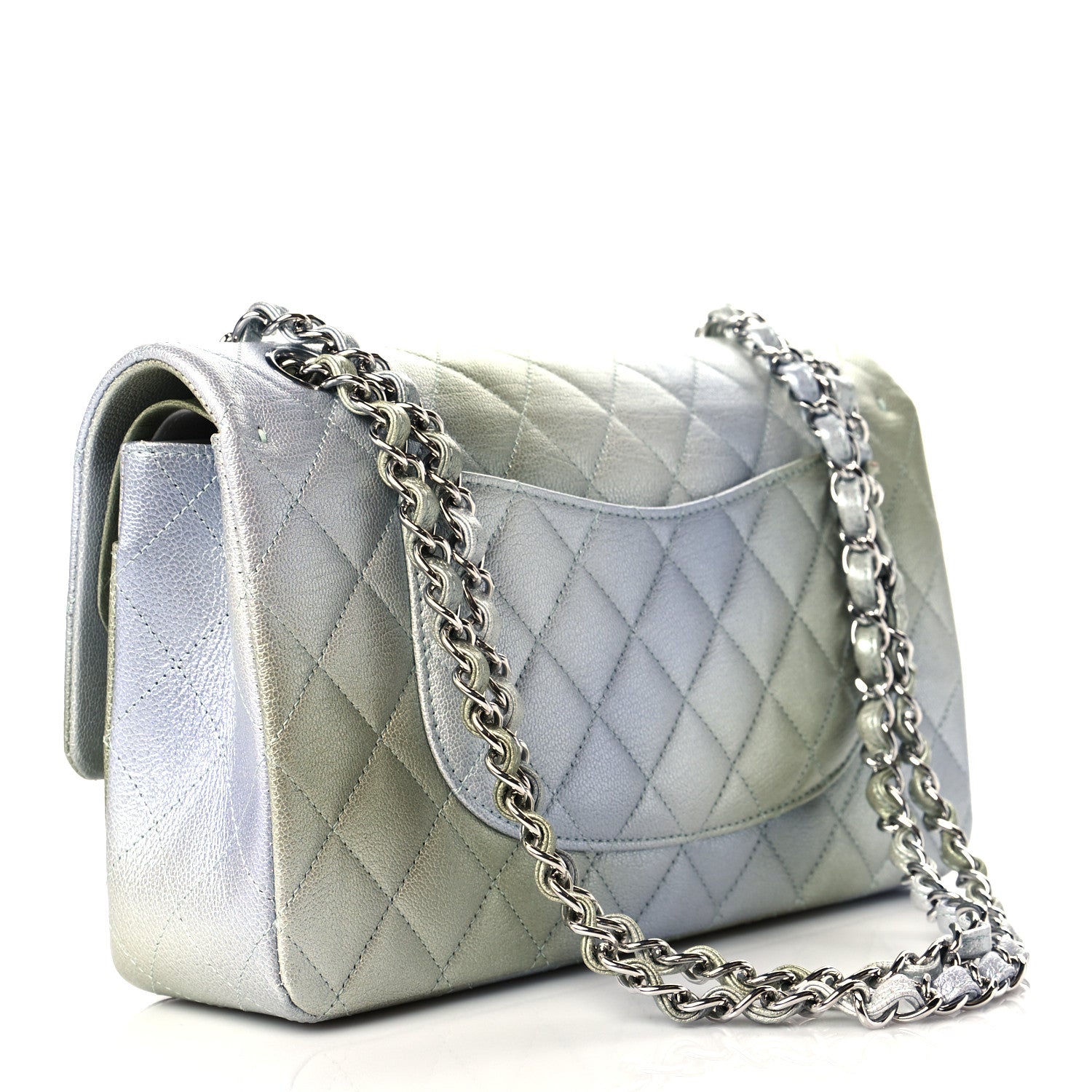 Chanel Metallic Goatskin Quilted Ombre Medium Double Flap Grey Green 3 of 11