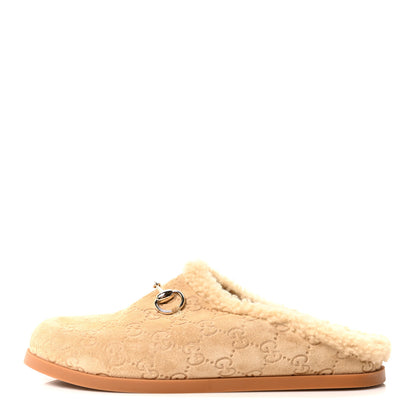 Gucci Suede GG Debossed Shearling Womens Horsebit Mules 39 Beige 1 of 8