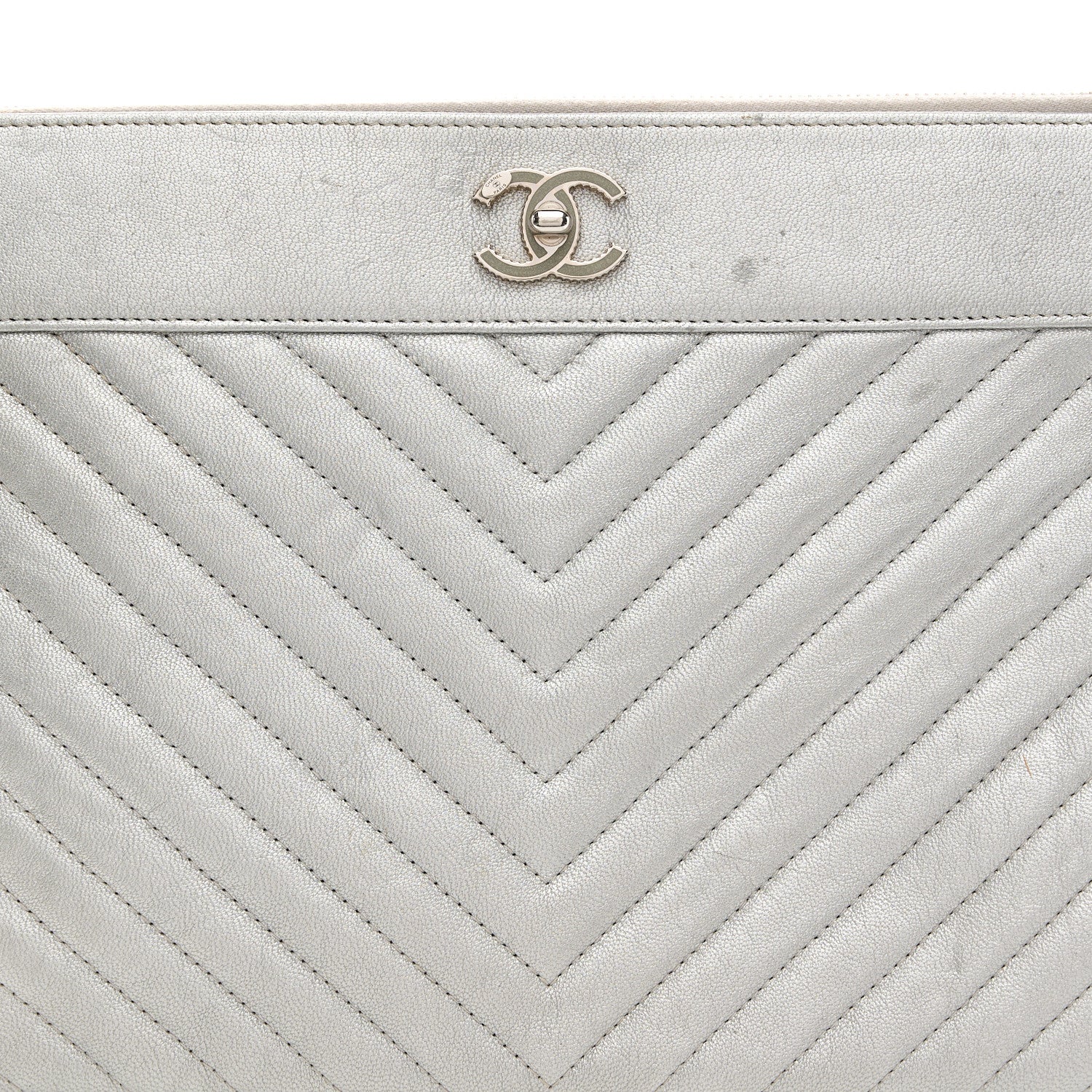 Chanel Metallic Sheepskin Chevron Quilted Mademoiselle Vintage Large Zip Pouch Silver 7 of 11