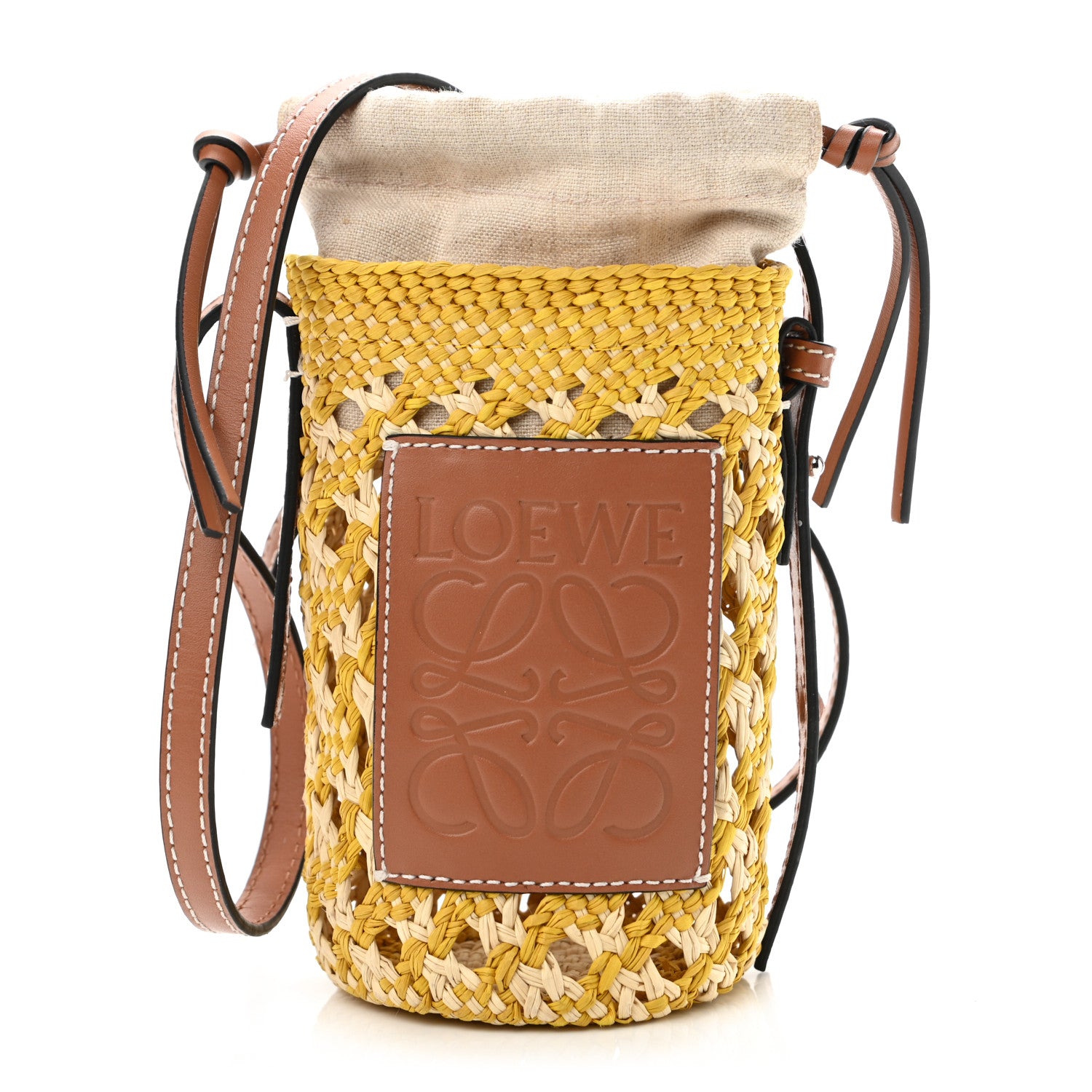 Loewe Calfskin Raffia Paula's Ibiza Pocket Bucket Bag Natural Yellow 1 of 9