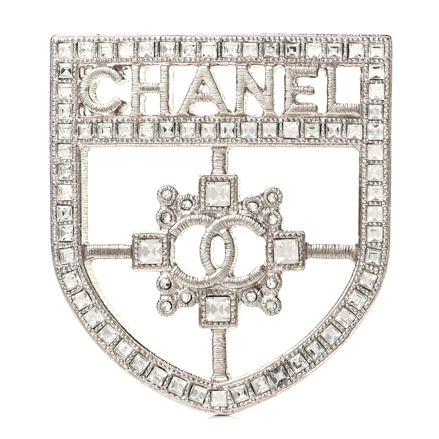 Swarovski Baguette Crystal CC Shield Brooch Silver