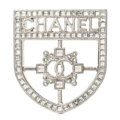 Chanel Swarovski Baguette Crystal CC Shield Brooch Silver 1 of 3