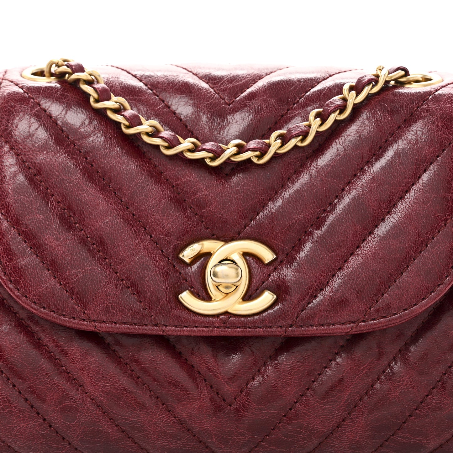 Glazed Calfskin Chevron Quilted Small Hampton Flap Burgundy