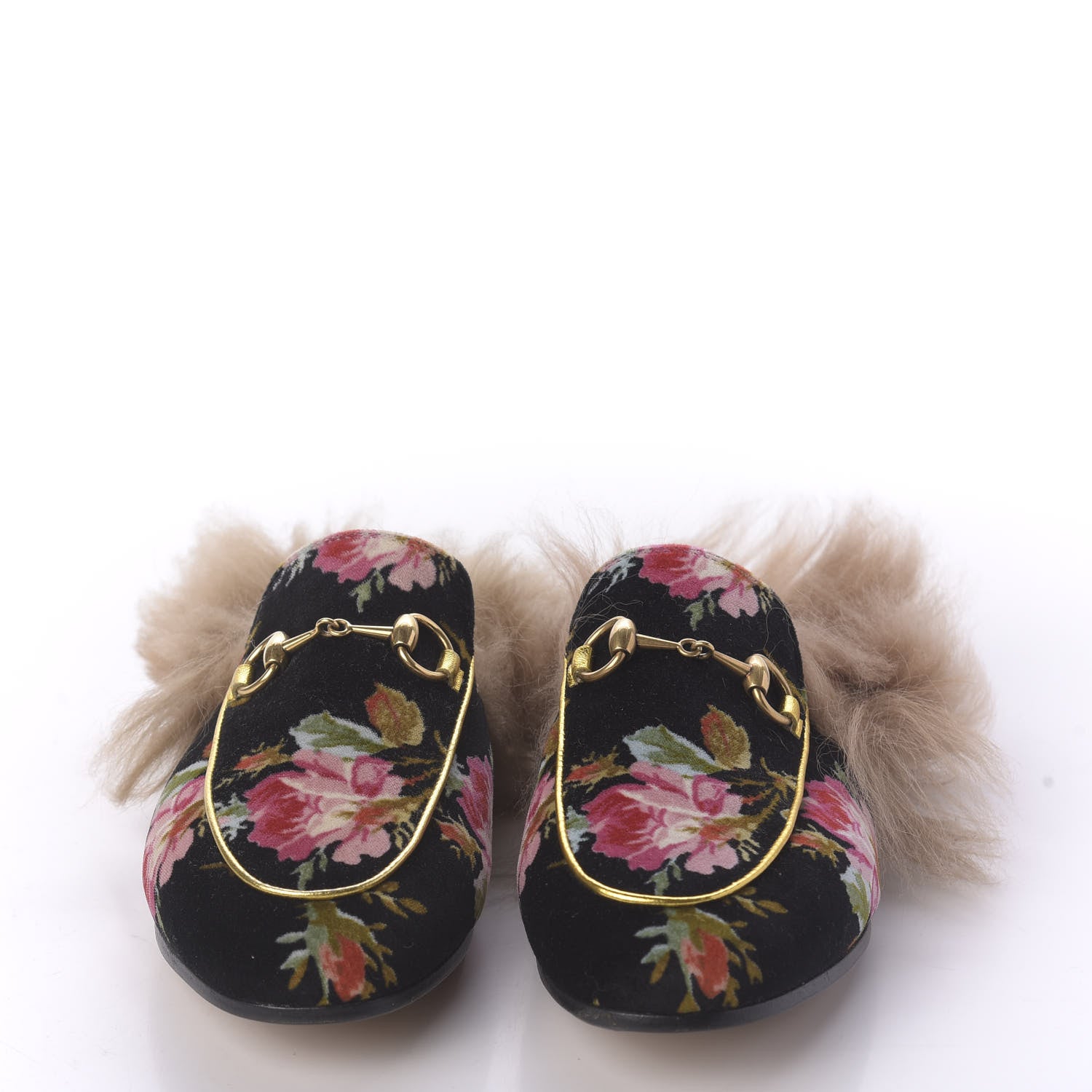 Gucci Velvet Fur Floral Womens Princetown Slippers 35 Black 2 of 9