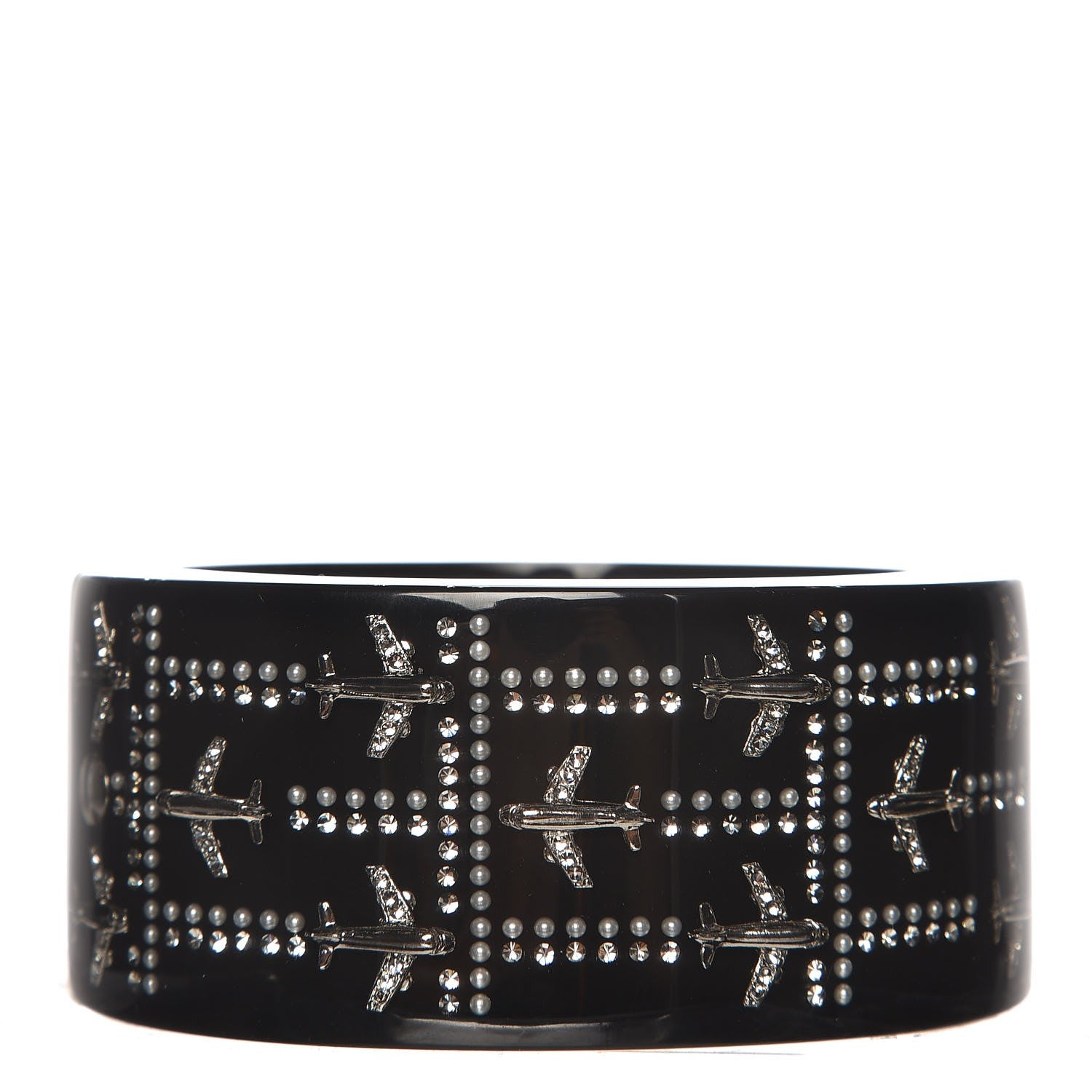 Chanel Resin Pearl Crystal Airplane Cuff Bangle Bracelet Black 1 of 5