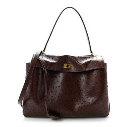 Balenciaga Shiny Calfskin Ostrich Embossed Medium Rodeo Top Handle Handbag Brown 1 of 11
