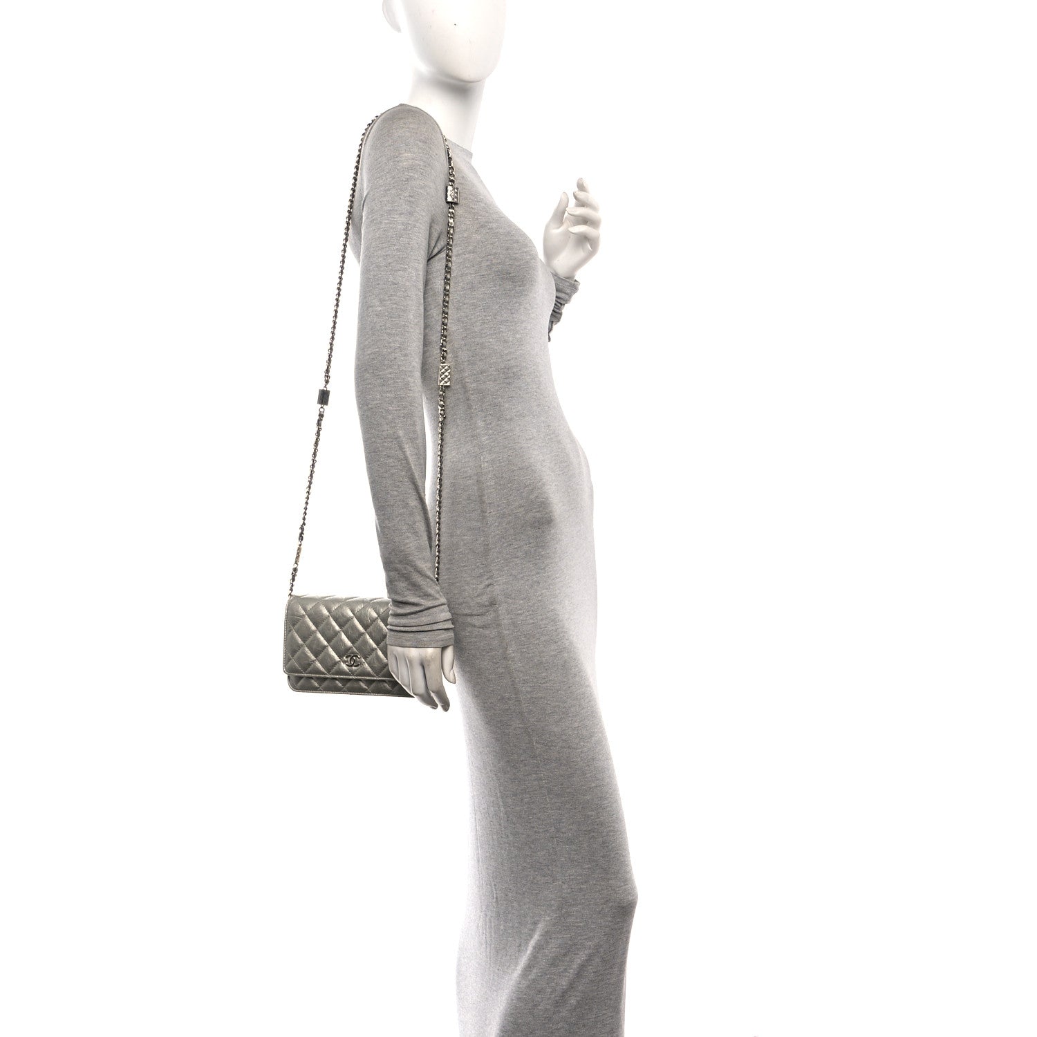 Chanel Metallic Crumpled Calfskin Quilted Flap Charm Wallet On Chain WOC Silver 2 of 12