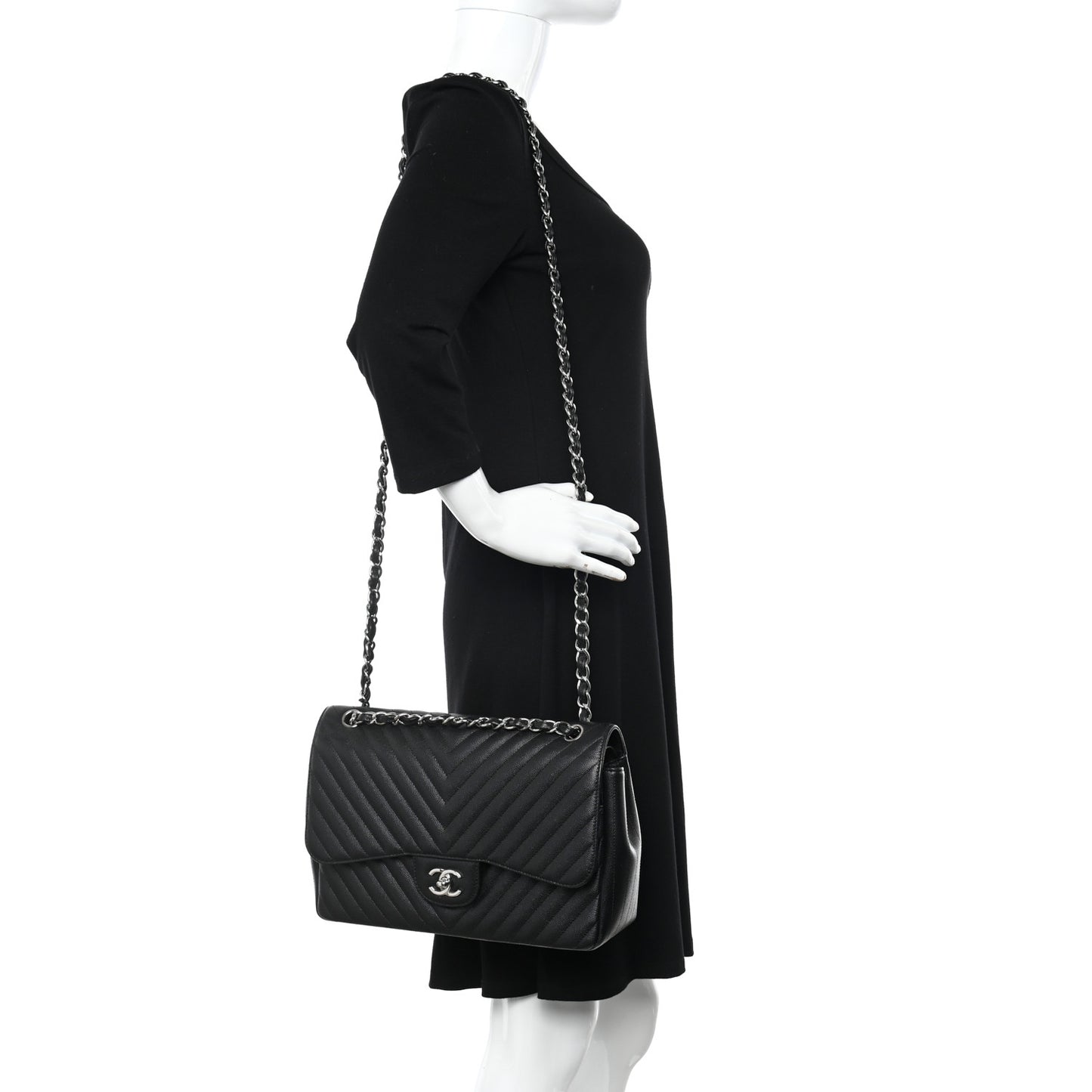 Caviar Chevron Quilted Jumbo Double Flap Black