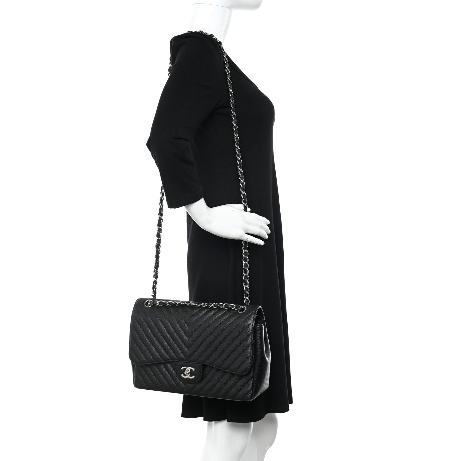 Chanel Caviar Chevron Quilted Jumbo Double Flap Black 2 of 16