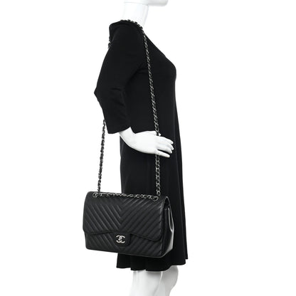 Chanel Caviar Chevron Quilted Jumbo Double Flap Black 2 of 16