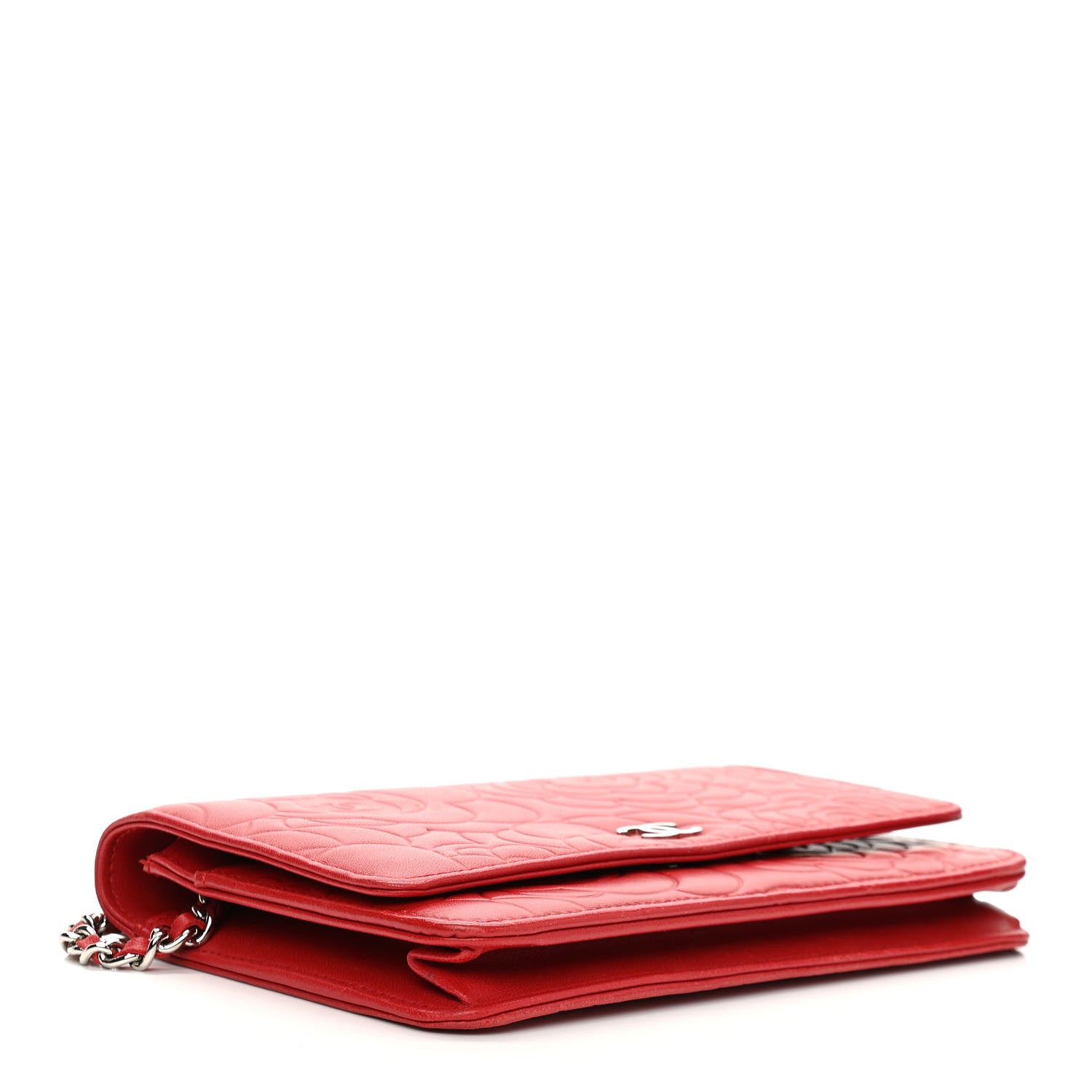 Chanel Lambskin Camellia Embossed Wallet On Chain WOC Red 4 of 17