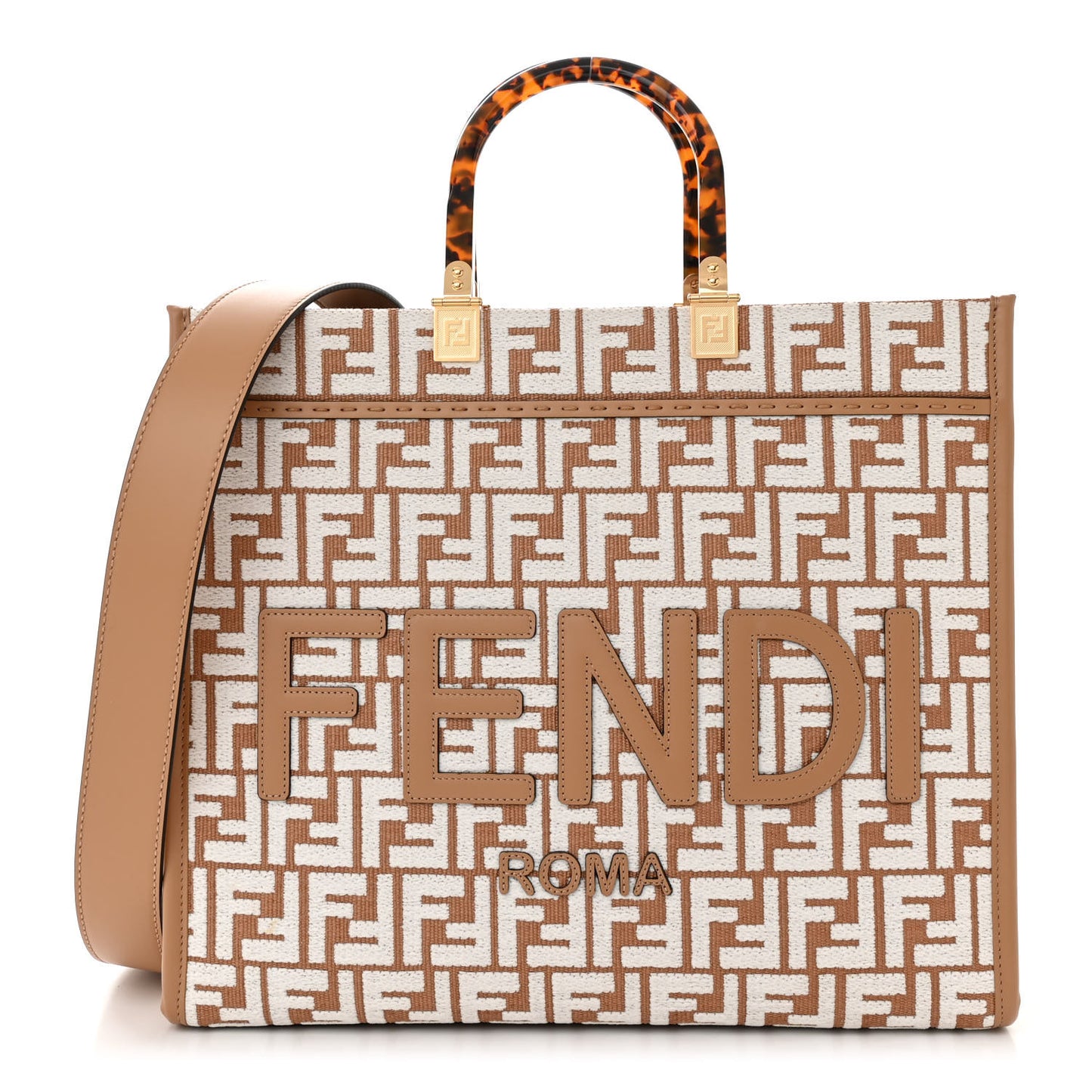 Woven Fabric Calfskin FF Medium Fendi Sunshine Shopper Tote Natural White Dark Honey