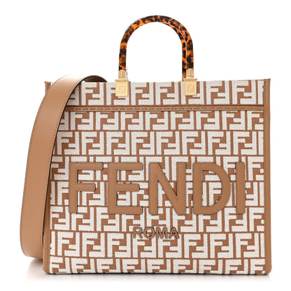 Fendi Woven Fabric Calfskin FF Medium Fendi Sunshine Shopper Tote Natural White Dark Honey 1 of 10