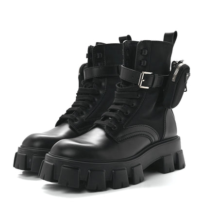 Prada Spazzolato Rois Re-Nylon Metal Triangle Logo Mens Monolith Pouch Pocket 60mm Combat Boots 8.5 Black 3 of 9