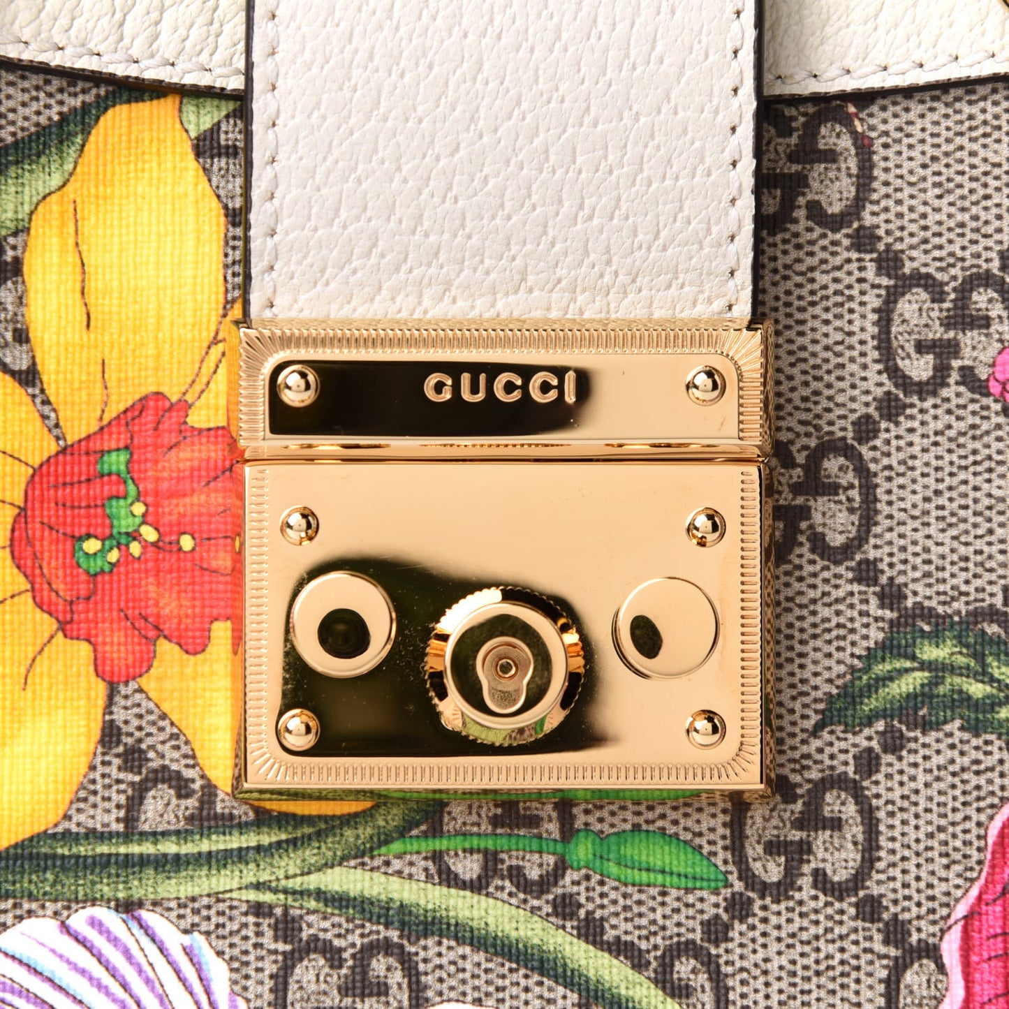 GG Supreme Monogram Flora Textured Calfskin Small Padlock Tote Beige Ebony Multicolor Mystic White