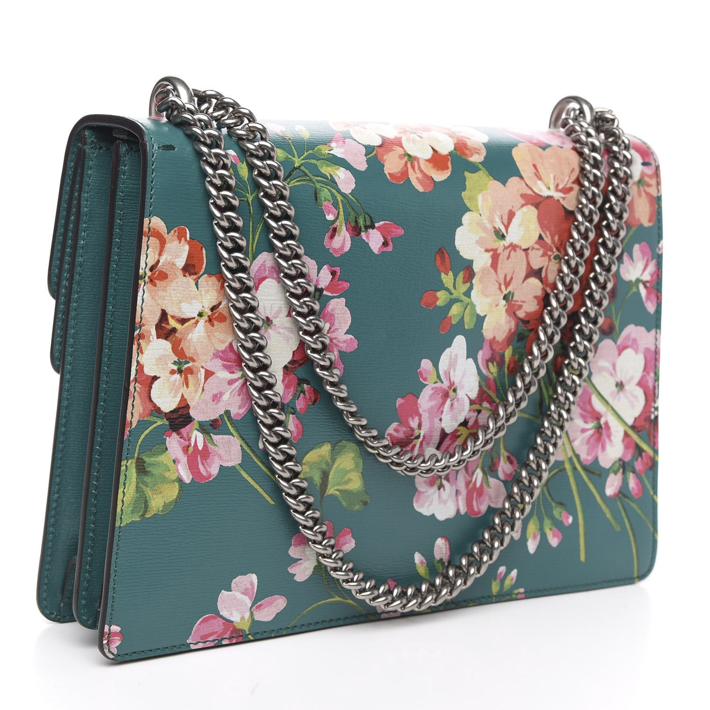 Calfskin Blooms Print Medium Dionysus Shoulder Bag Bright Emerald Multicolor
