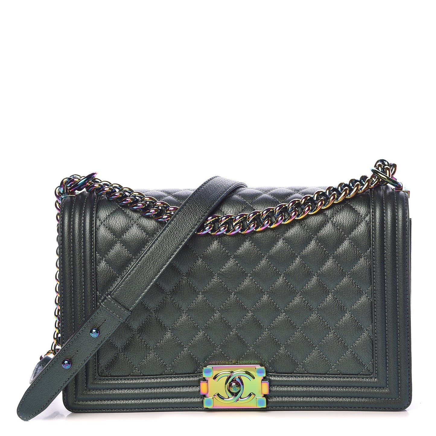 Iridescent Goatskin Quilted New Medium Boy Flap Green