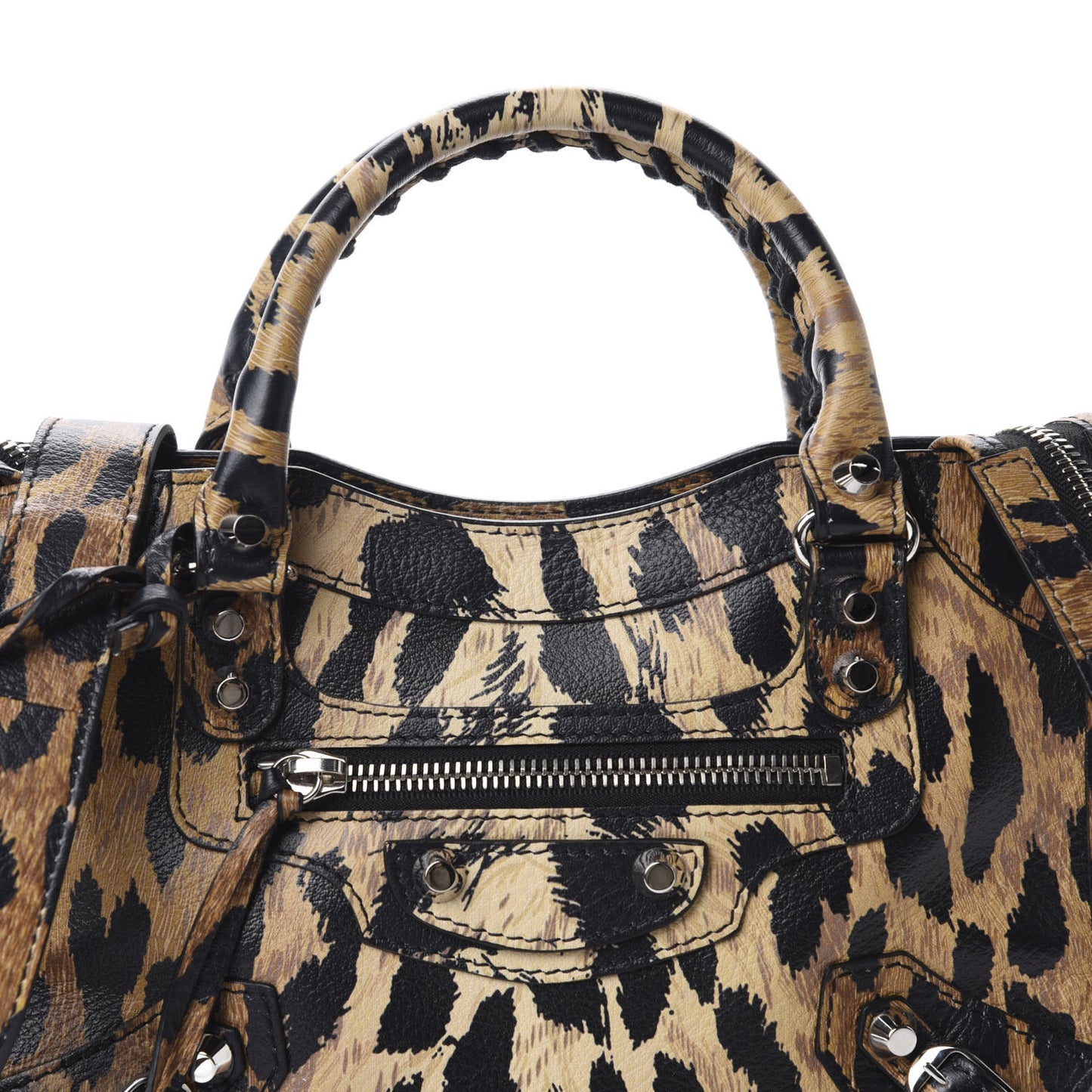 Smooth Calfskin Leopard Print Classic Silver Hardware Mini City Beige