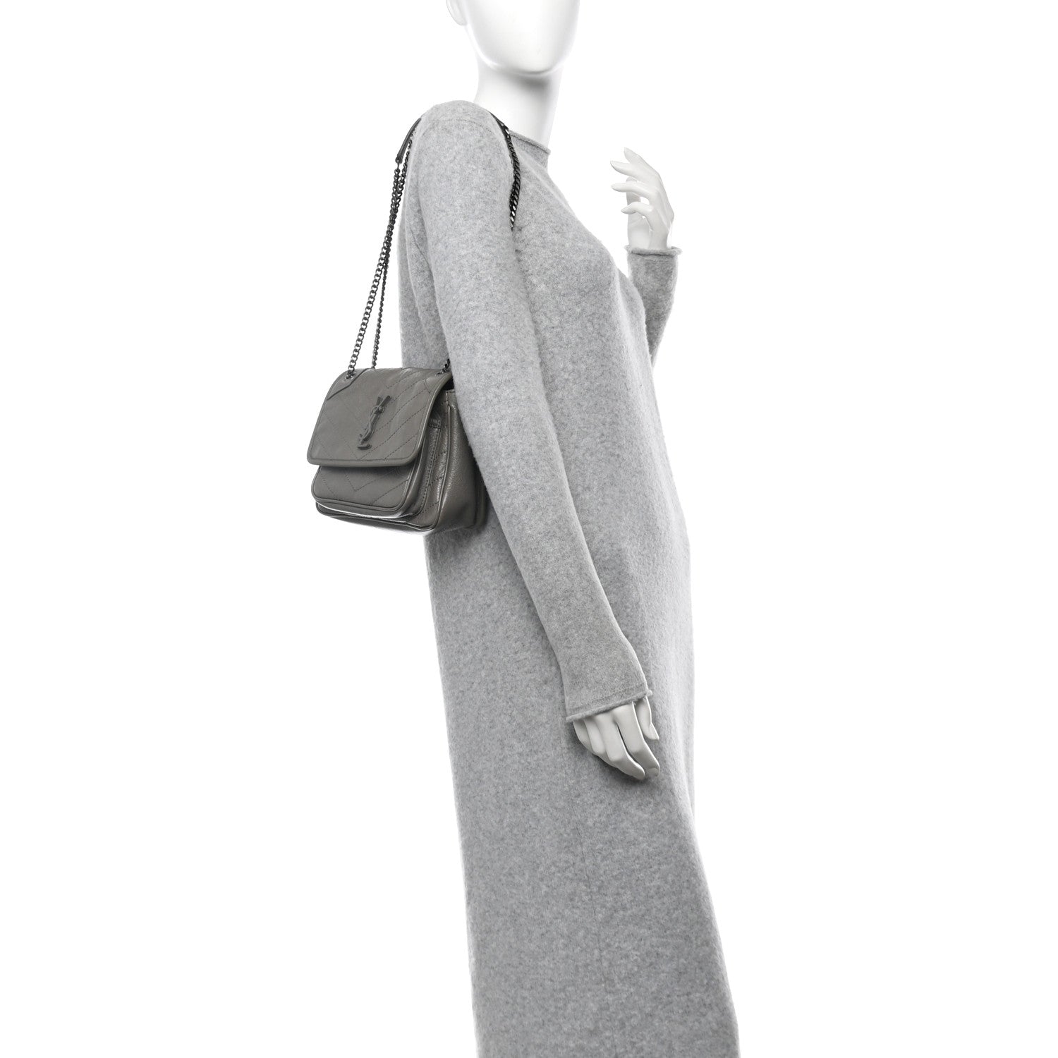 Saint Laurent Crinkled Calfskin Matelasse Monogram Baby Niki Chain Satchel Grey Kaki 2 of 10