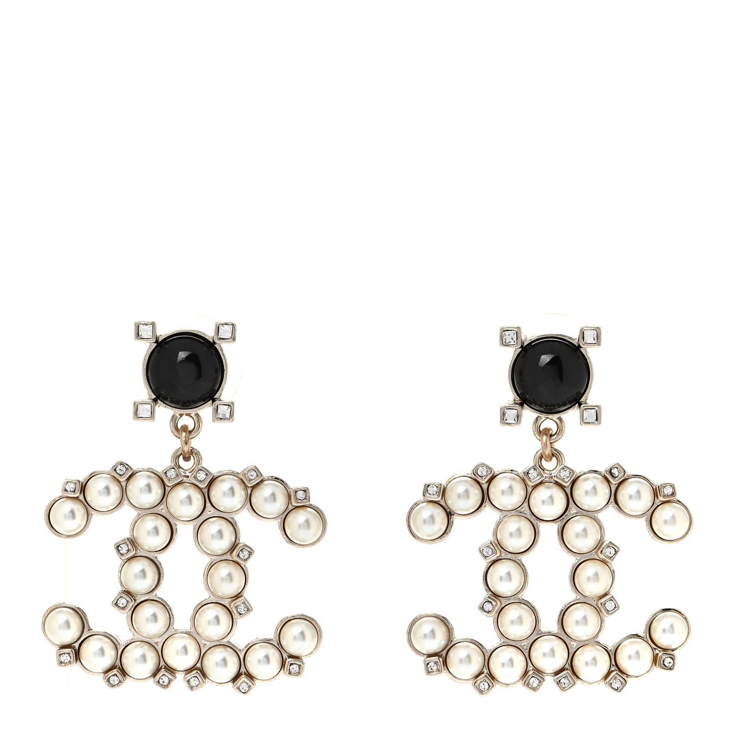 Resin Crystal Pearl CC Drop Earrings Black Gold