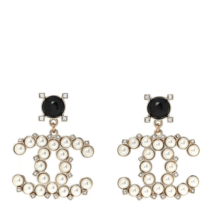 Chanel Resin Crystal Pearl CC Drop Earrings Black Gold 1 of 4