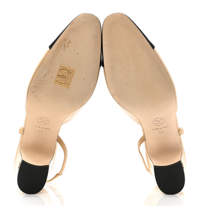 Chanel Goatskin Grosgrain Cap Toe CC Slingback Pumps 38 Beige Black 5 of 9