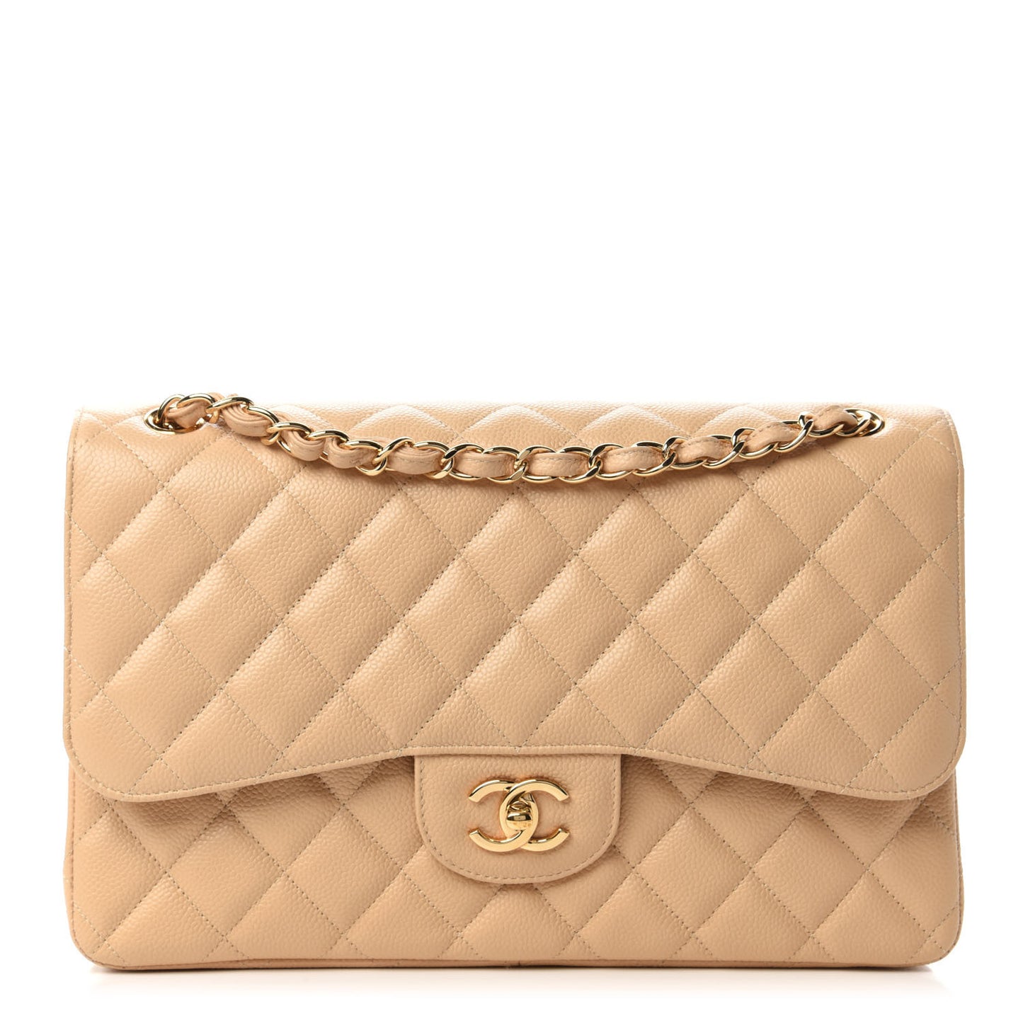 Caviar Quilted Jumbo Double Flap Light Beige