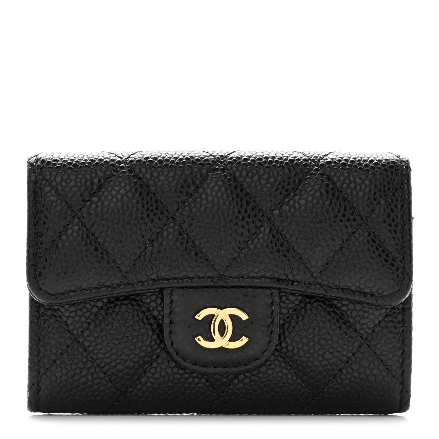 Caviar Quilted Flap Card Holder Wallet Black