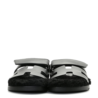 Hermes Calfskin Woolskin Womens Chypre Sandals 36 Black 2 of 12
