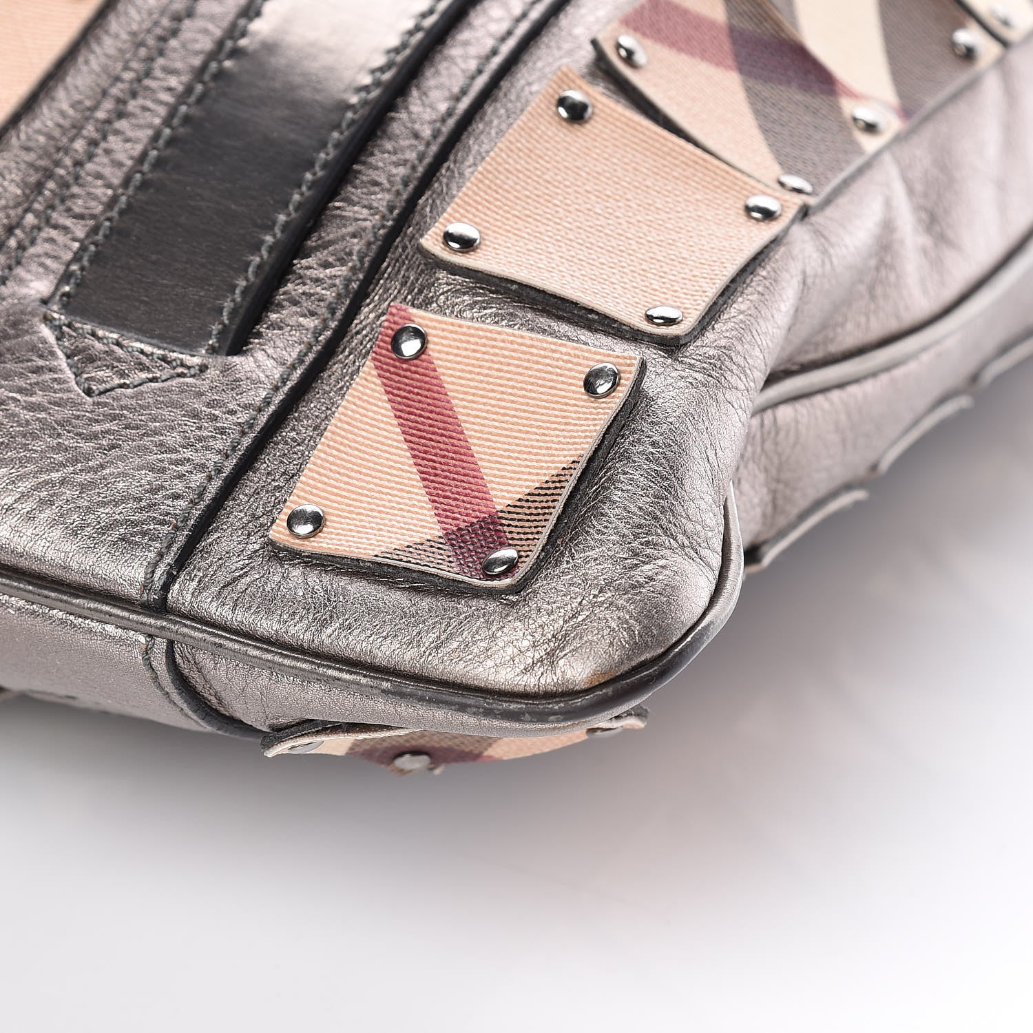 Burberry Metallic Calfskin Nova Check Patchwork Shopper Tote Pewter 15 of 15
