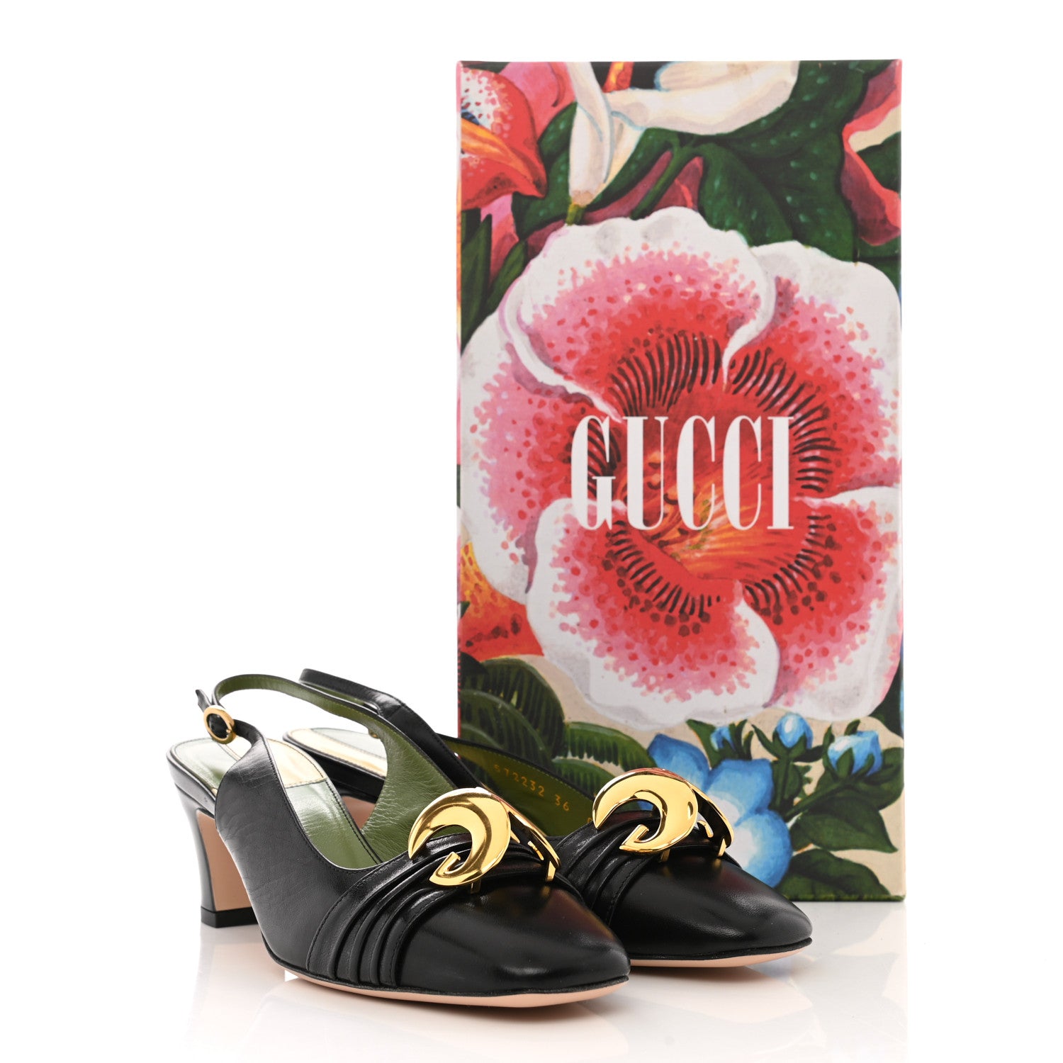 Gucci Malaga Kid Half Moon GG Square Toe Slingback Pumps 36 Black 9 of 9