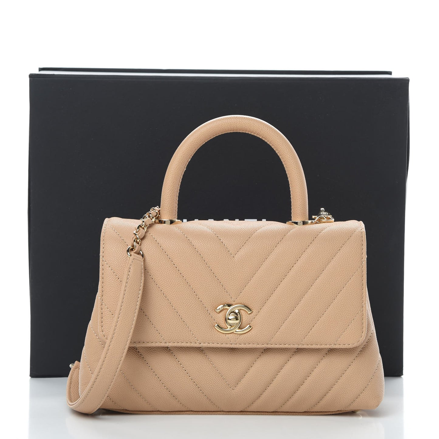 Caviar Chevron Quilted Mini Coco Handle Flap Beige