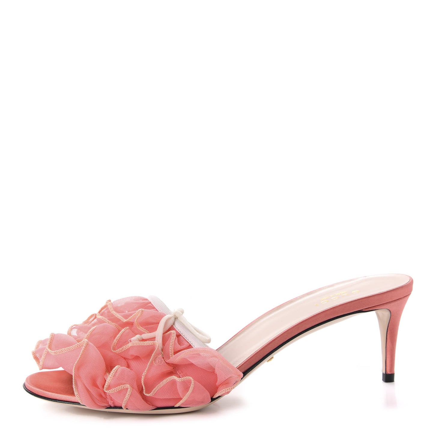 Tulle Ruffle Low Heel Slide Sandals 40 Peach White