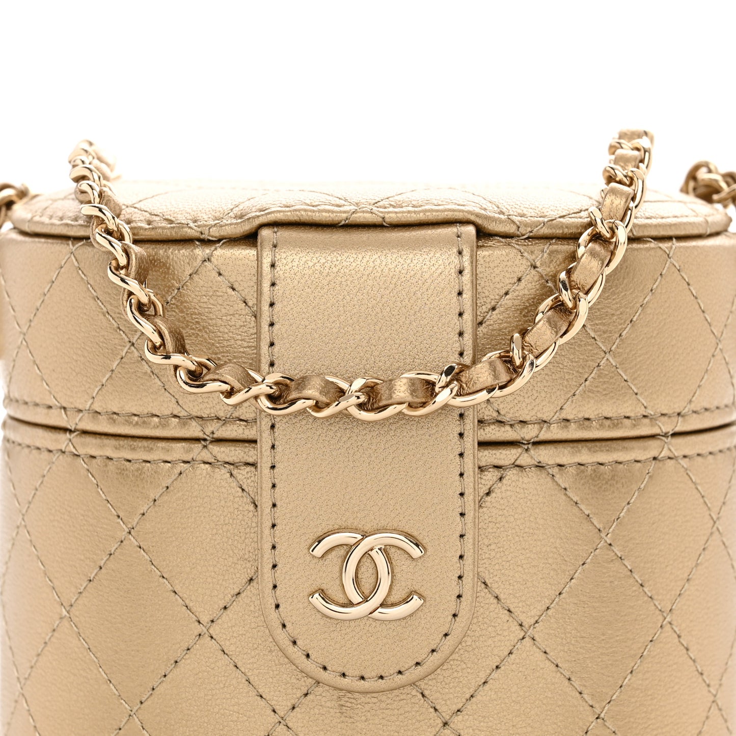 Metallic Lambskin Quilted Round Mini Vanity Case With Chain Gold