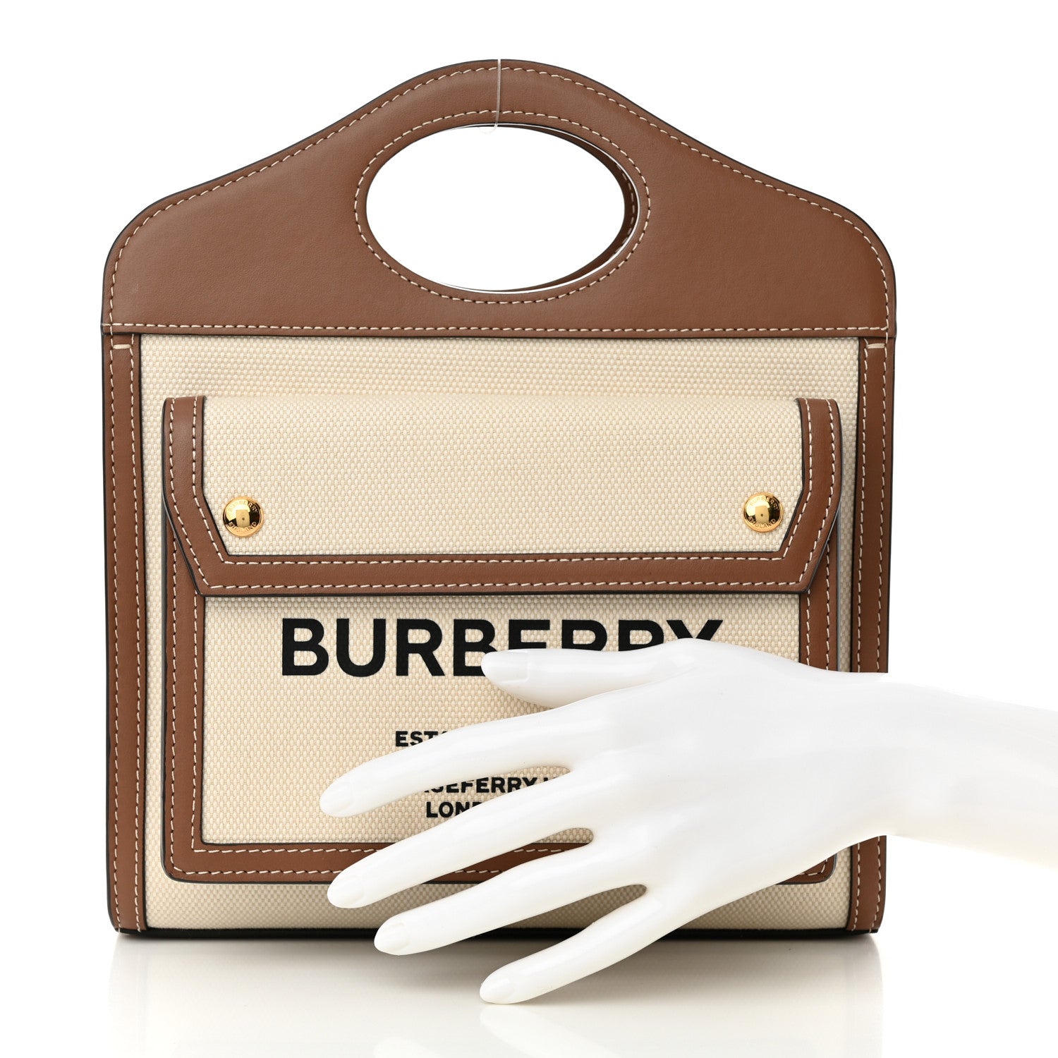 Burberry Canvas Smooth Calfskin Two Tone Mini Pocket Bag Natural Malt Brown 2 of 8