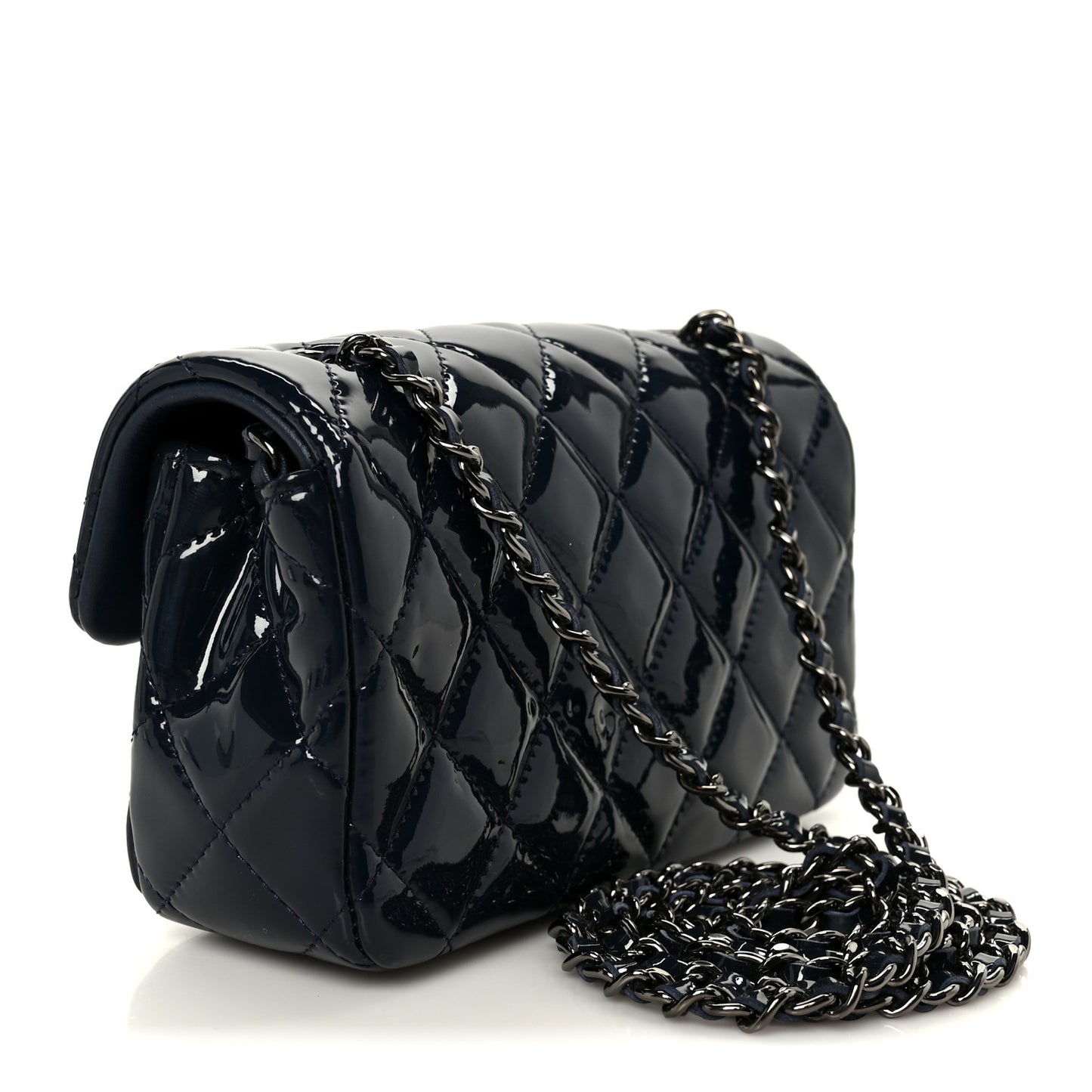 Patent Calfskin Quilted Extra Mini Rectangular Flap Navy Blue