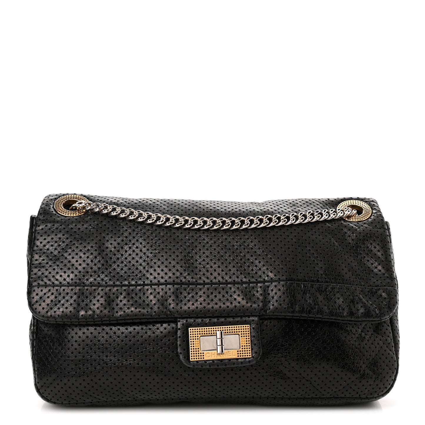 Metallic Crackled Calfskin Large Perforated Drill Flap Black