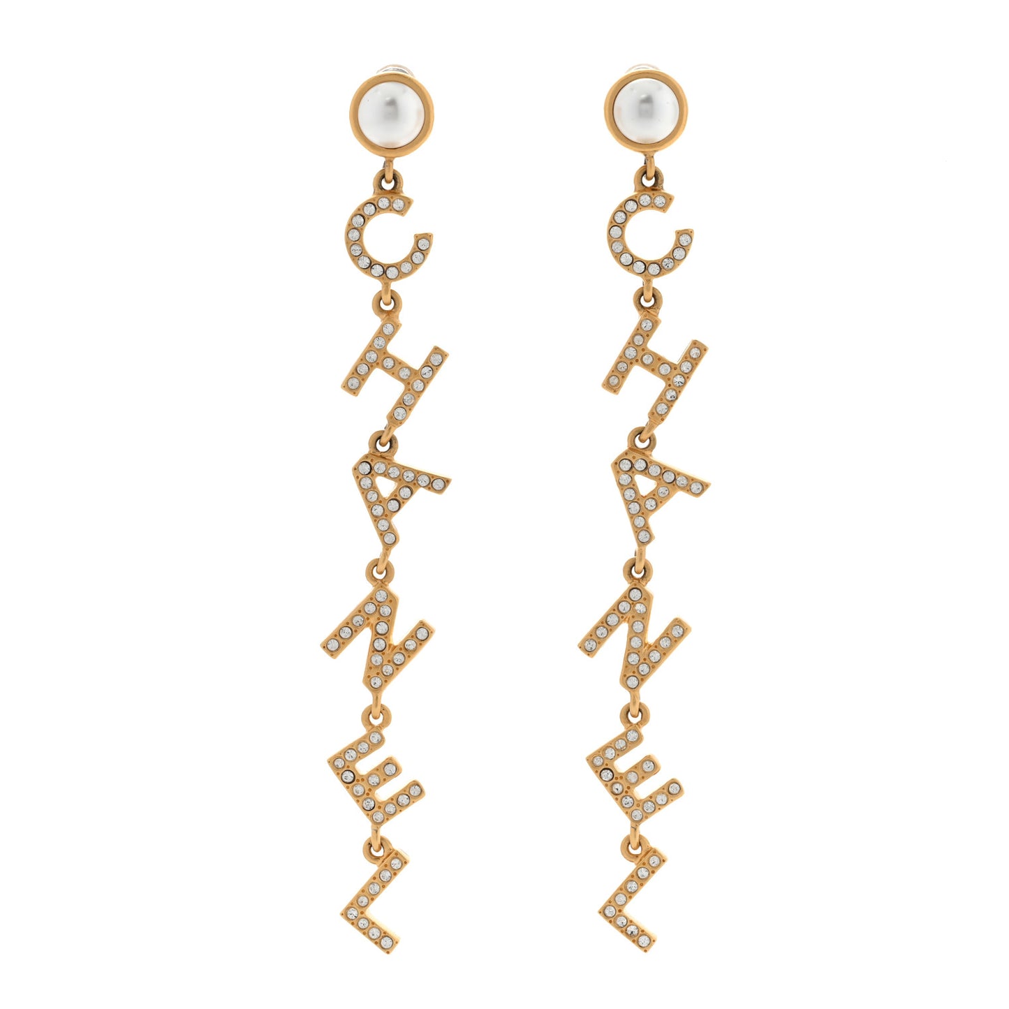 Crystal Pearl Logo Drop Earrings Gold