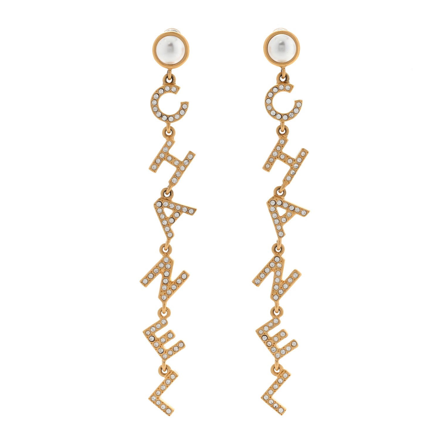 Chanel Crystal Pearl Logo Drop Earrings Gold 1 of 5