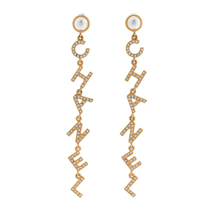 Chanel Crystal Pearl Logo Drop Earrings Gold 1 of 5