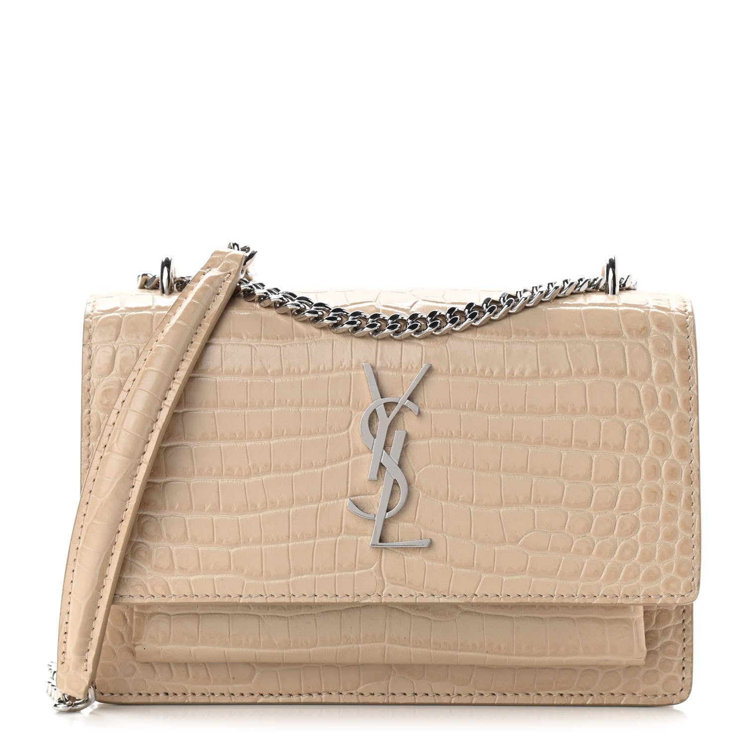 Saint Laurent Calfskin Crocodile Embossed Monogram Sunset Chain Wallet Dark Beige 1 of 10